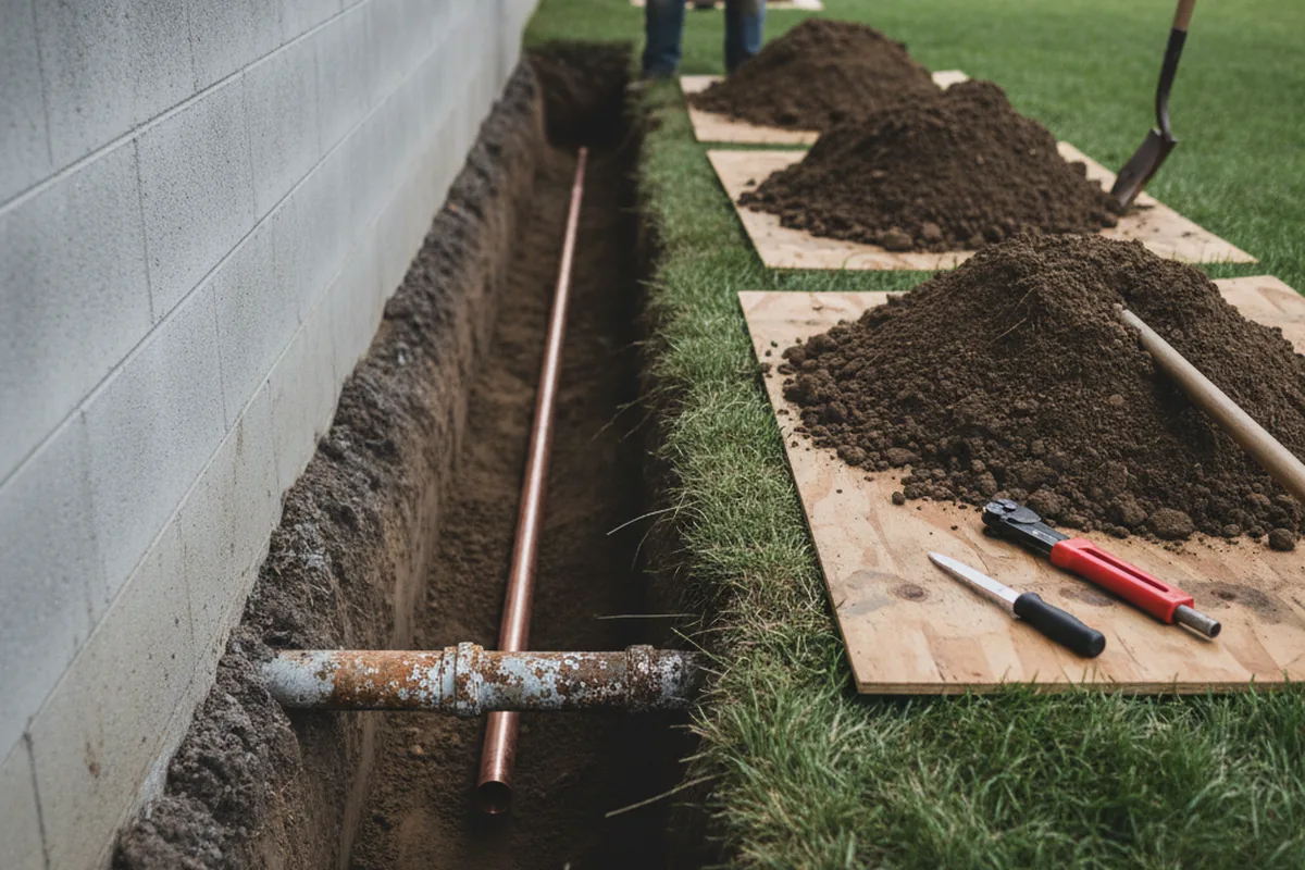 Excavated water line trench during Sewer Line Repair in Fairview Heights